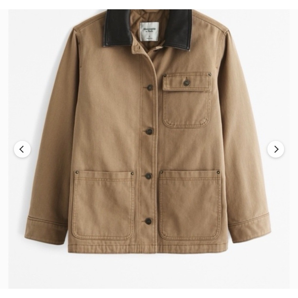 Abercrombie & Fitch Barn Jacket Size Large 90s Brown Canvas Chore Coat Collar - Picture 10 of 13